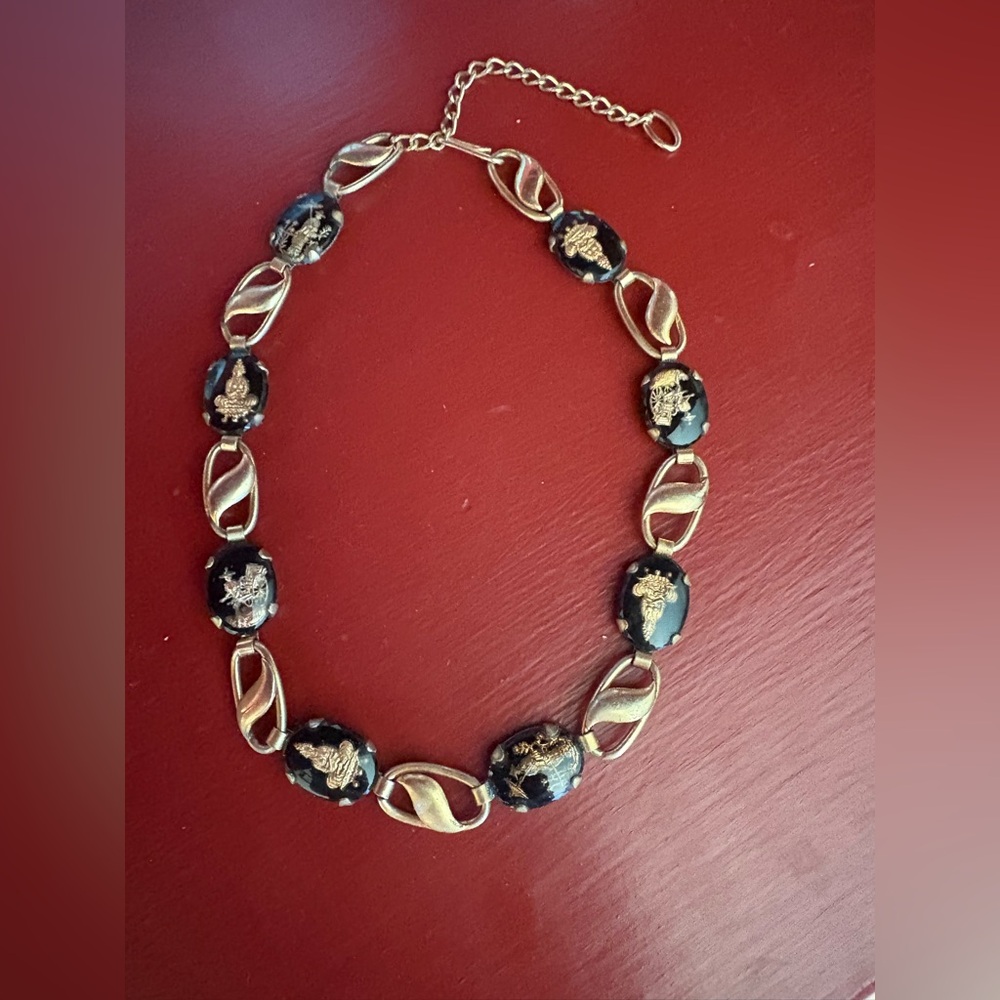 Vintage Asian Mahajanaka Glass Necklace Black & Gold Figural Panels